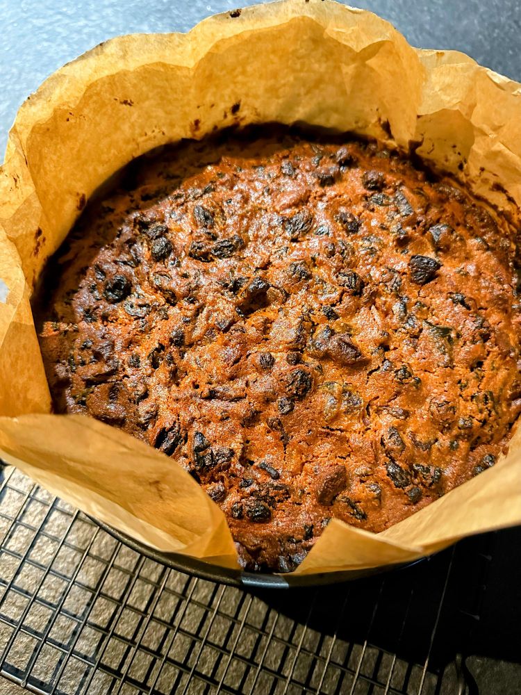 A Christmas cake fresh from the oven.