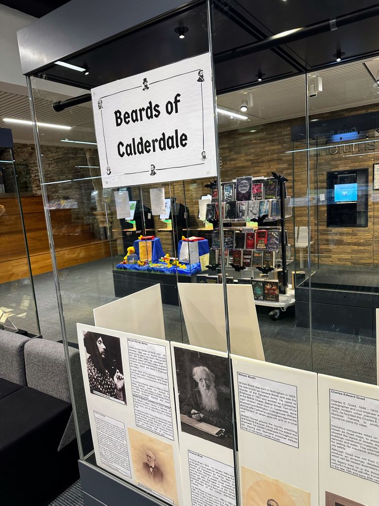 A curated “Beards of Calderdale” display in Halifax Library.