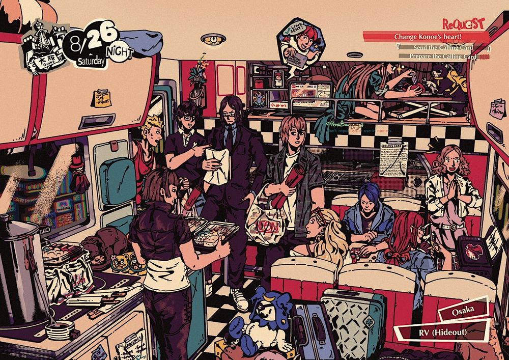 digital illustration of the P5R and P5S phantom thieves in the RV. ryuji comes in looking exhausted, carrying groceries. near the door is ren, briefing zenkichi about the calling card. next to them is akechi with groceries a red carton paper, looking at makoto handing out bento for dinner. next to makoto is the kitchen counter, with a large pot of curry, more bento box, and the RV decorations the've gathered.

next to akechi is a table with ann, haru, and sumire helping yusuke crafting the calling cards. haru claps her hand happily as she figures out how to use a printer, and sumire just sweats at it. on the wall is the calling card script, and on the back are some bags & luggages. on the upper deck is morgana and futaba, preparing the card dispenser. futaba's laptop shows a video to make robot hands and rogenbogen blueprint, all sent by sophia who gives a thumbs up.

request: "change konoe's heart!".
objectives:
1. send the calling card.
2. NEW: prepare the calling card.