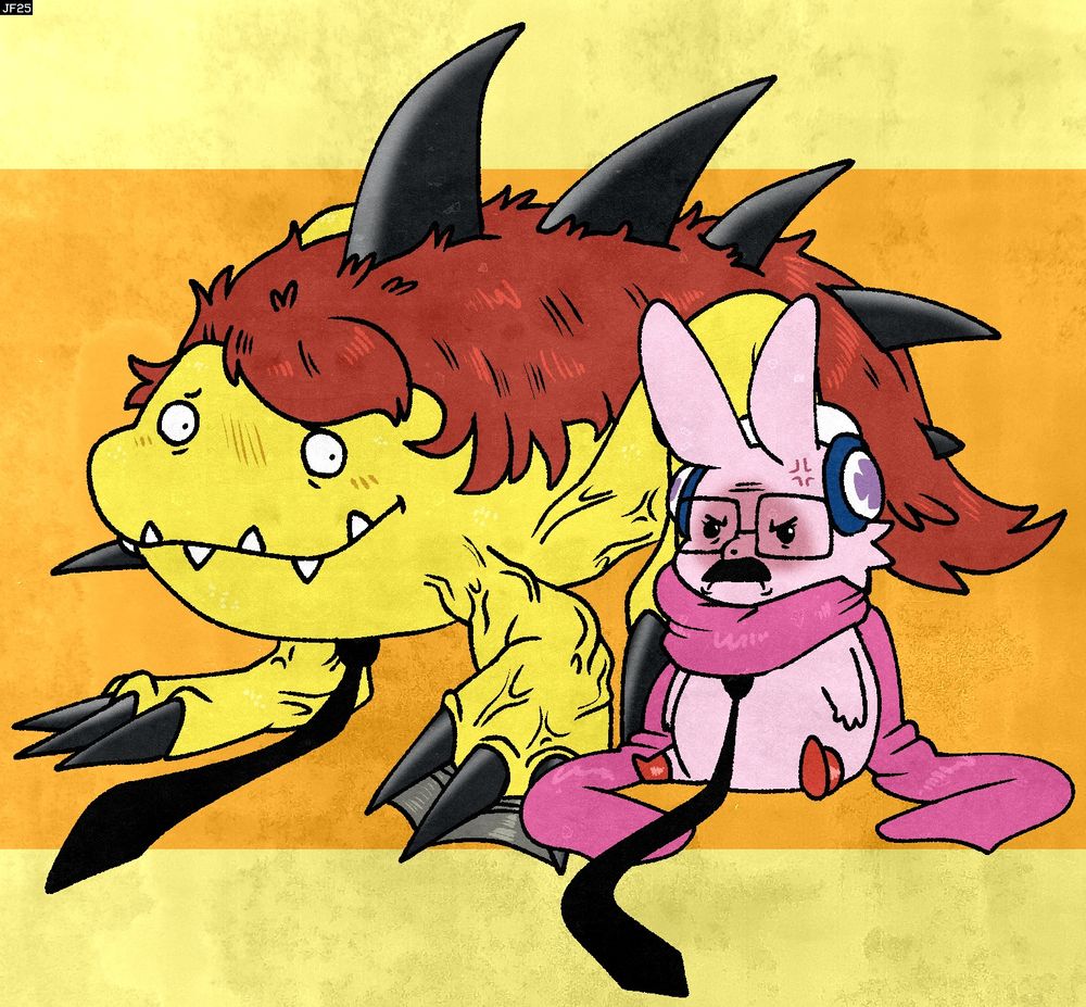Gary and Hanley from the cartoon 'Gary & His Demons' having been transformed into a Cutemon and Gizamon respectively.

Gary is NOT happy about being so tiny and cute
