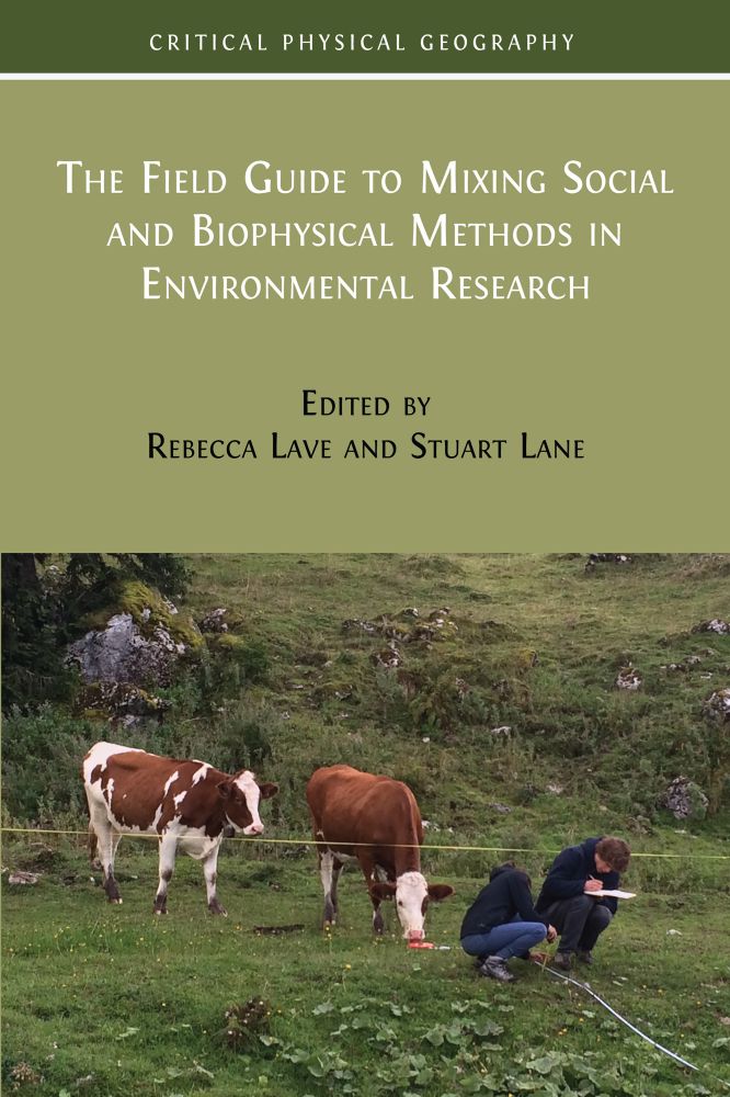 Image shows a book cover with a photograph of two cows watching two scientists studying grass on a hillside. 