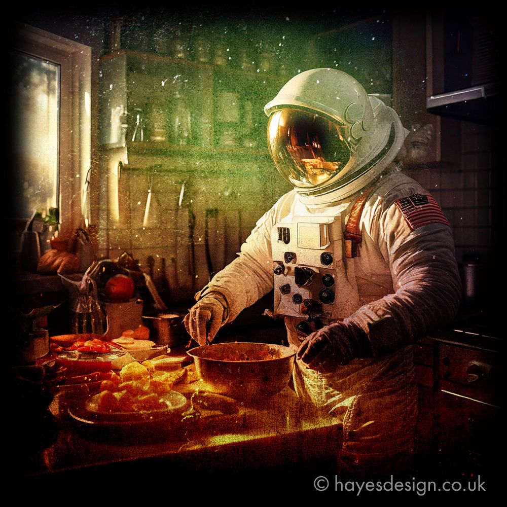 Illustration of an Astronaut working in the kitchen, by Clifford Hayes.