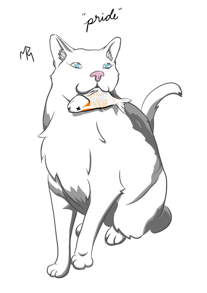 A white cat proudly holds a fish in his mouth. His eyes sparkle with anticipation to receive praise for his catch.