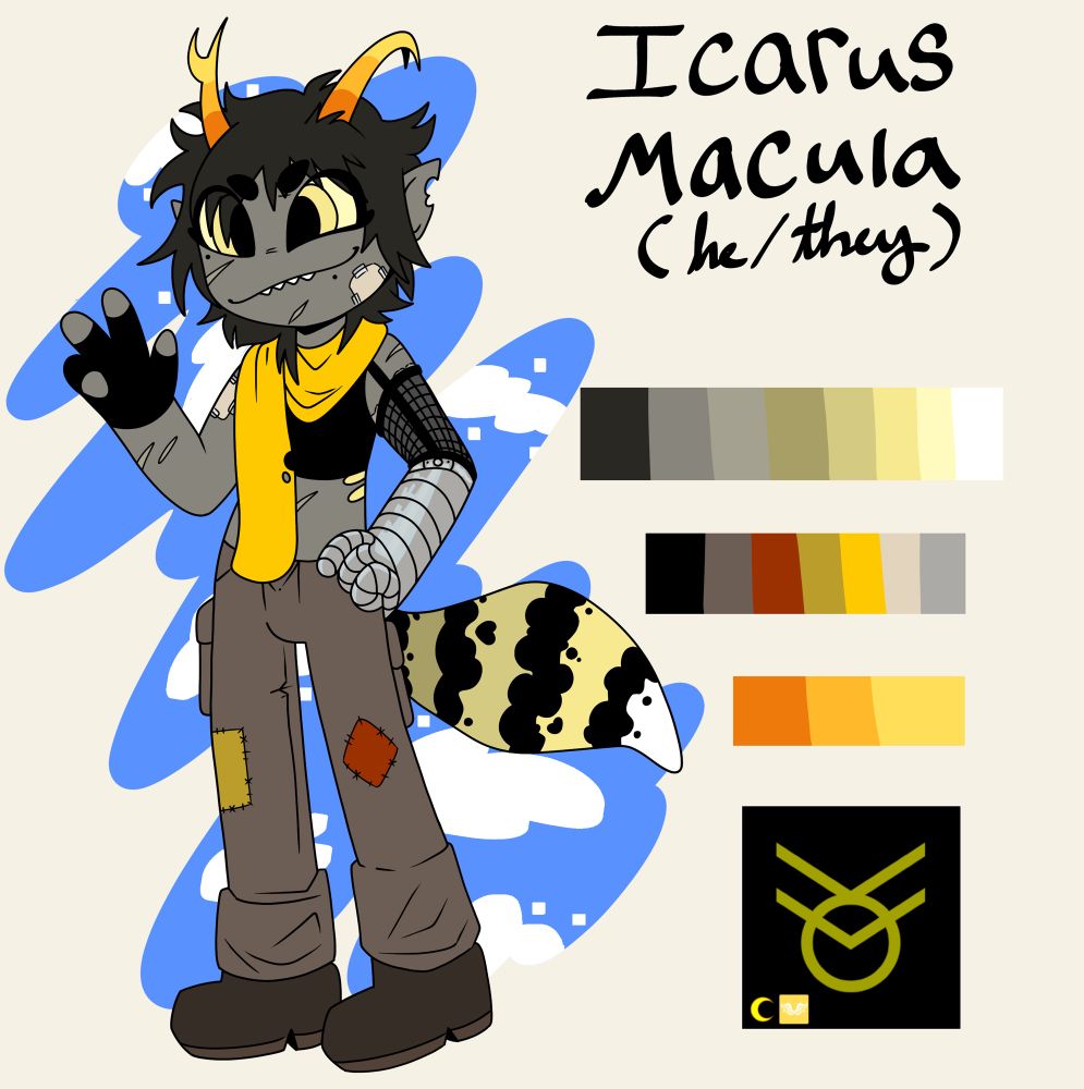 Digital drawing of one of my characters Icarus Macula, he’s a gold blood with medium gold grey tinted skin, covered in random scars. They have a prosthetic left arm and a leopard gecko tail with notable heart spots. Wears a crop top banged up cargo pants and work boots, also a long gold colored scarf. There’s color pallets to the right of him along with their sign Gemnius.