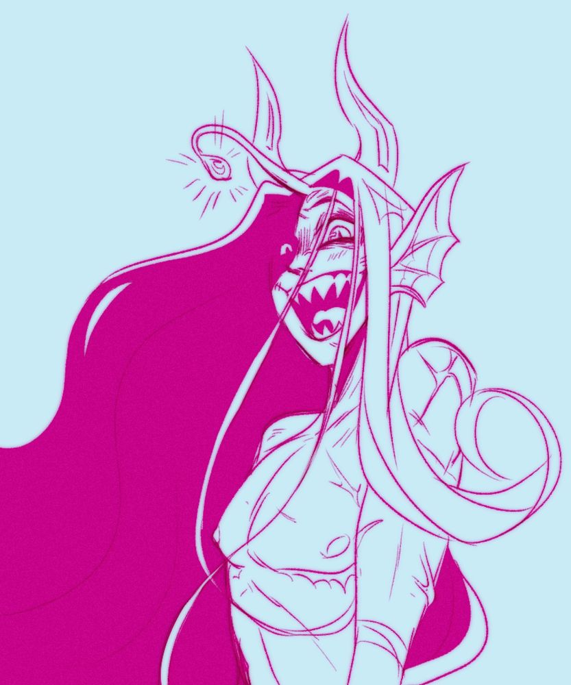 Art done by the person mentioned in the post of my sea dweller fuchsia blood troll Siyren. He’s laughing maniacally with a wild expression facing off to the left.
