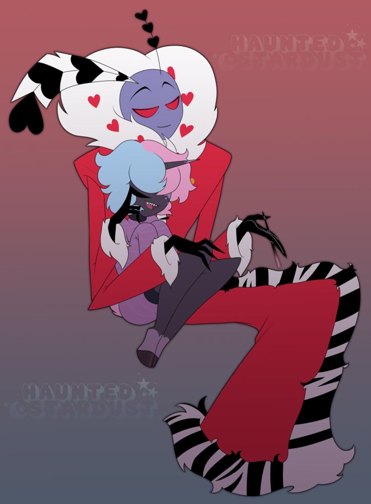 Digital drawing done by hauntedstardust of my hazbin self insert named cotton, snuggled up beside Valentino. cotton is a short masc character with dark grey/purple skin and fluffy baby pink and baby blue hair, they’re wearing an oversized purple pink sweater with their faun legs pulled up a bit. Valentino is a moth demon wearing a bright red robe with zebra trim, he’s holding onto cotton with a fancy cigarette looking thing in his hand, looking down at him and running a finger along cotton’s cheek. 