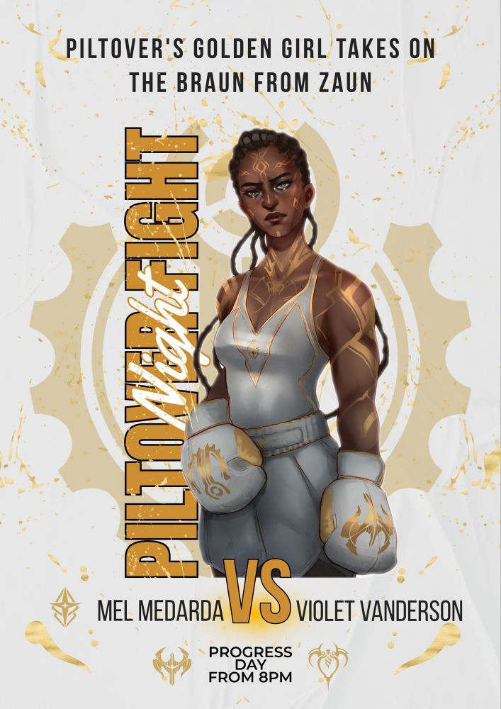 Poster for a boxing fight between Mel Medarda and Vi from Arcane by @junointow the best fuckin’ Artist in the fandom.