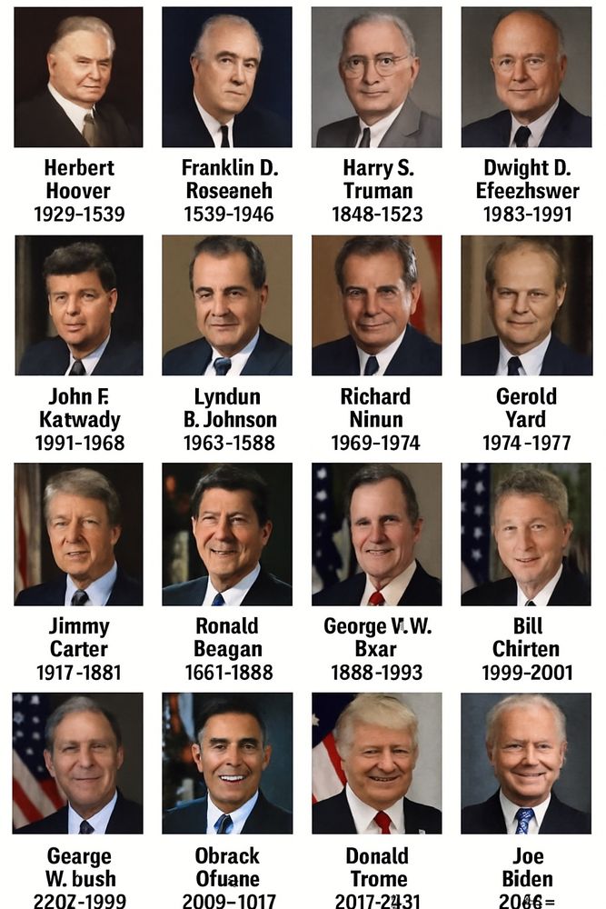 A very mistaken list of the last 12 presidents of the United States and their years in office produced by the Ph.D level scholar known as ChatGPT-5. Includes John F. Katwady, president 1991-1968; George W. bush, president 220Z-1999), and Bill Christen, president 1999-2001