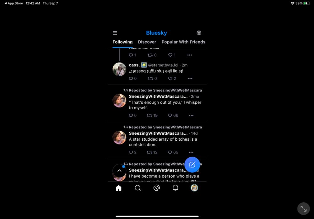 A screenshot of the Bluesky app for iPad. The timeline (or skyline) fills less than a third of the screen. It is incredibly inconvenient to look at.
