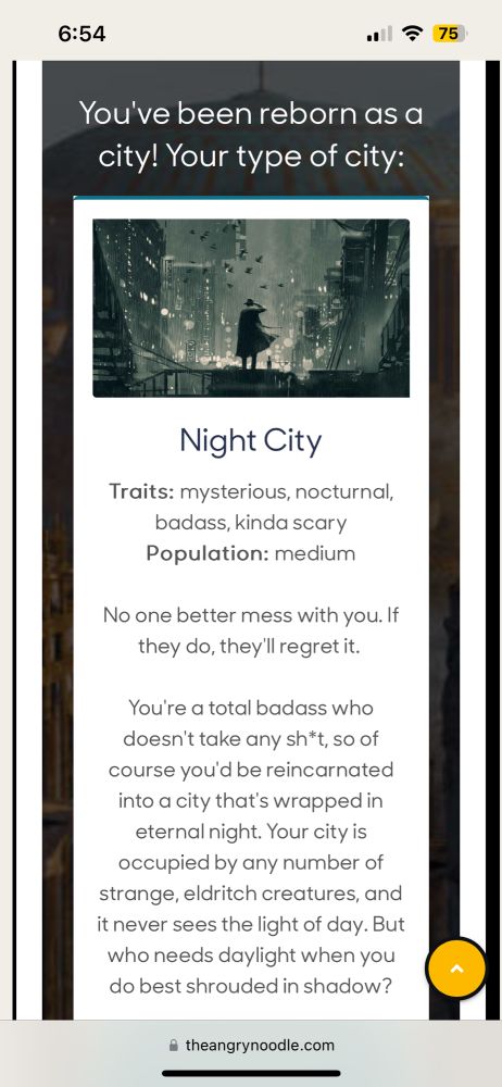 You've been reborn as a city! Your type of city:

Night City

Traits: mysterious, nocturnal, badass, kinda scary
Population: medium

No one better mess with you. If they do, they'll regret it. 

You're a total badass who doesn't take any sh*t, so of course you'd be reincarnated into a city that's wrapped in eternal night. Your city is occupied by any number of strange, eldritch creatures, and it never sees the light of day. But who needs daylight when you do best shrouded in shadow?