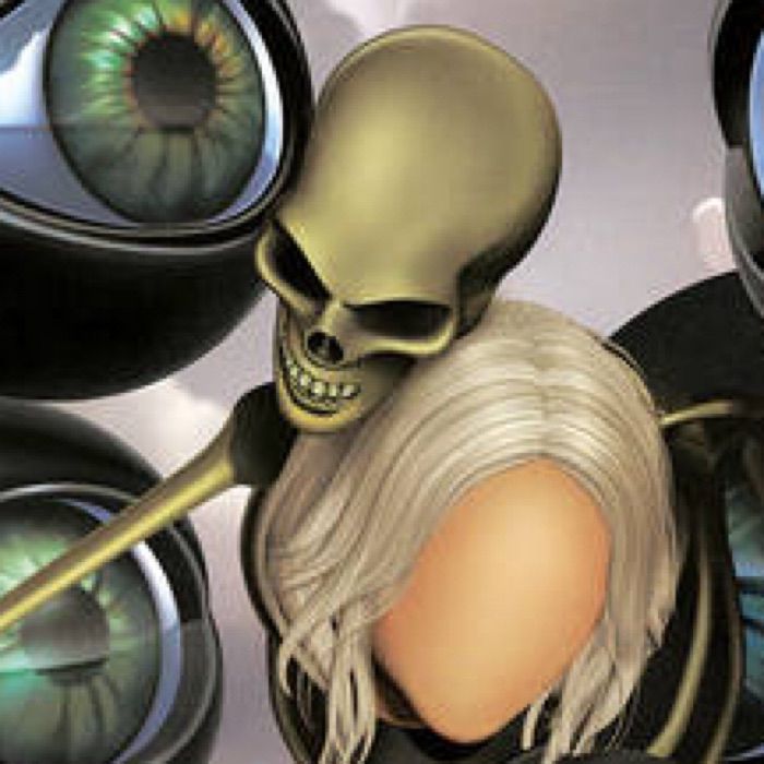 A closeup of two figures in the cover for Death’s Dynamic Shrouds 2021 album “Faith in Persona.” One figure is a skeleton, the other a white-haired faceless humanoid reminiscent of one of Giorgio de Chirico’s automata. The former embraces the latter with a fleshless face suggestive of understated sadism. The are loved and beloved, death being the lover. The beloved’s belly swells. Perhaps she is pregnant. Perhaps the child is death’s. Maybe the baby will have the father’s nose. 