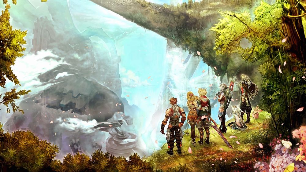 A piece of promotional art depicting the main characters of 2010 JRPG Xenoblade Chronicles. The cast stands on the precipice of a verdant cliff, and they gaze at the cloud-shrouded silhouette of an ancient robot in the far distance. Cyan sky, green flora, and gray machinery define the atmosphere. The scene is electric with the melancholy of a dead world overgrown with life.