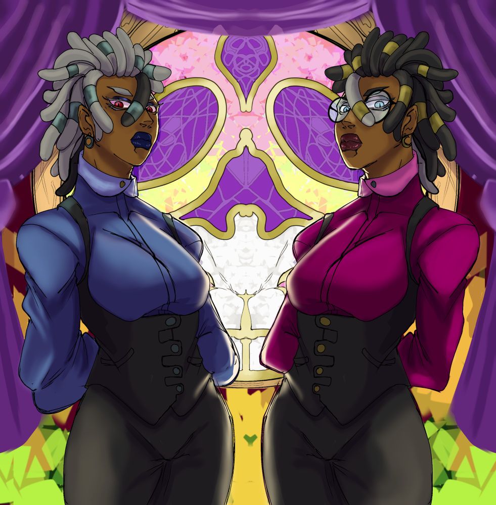 Two women one in blue one in red, both in formal attire look down at the viewer in front of a large ornate glass door