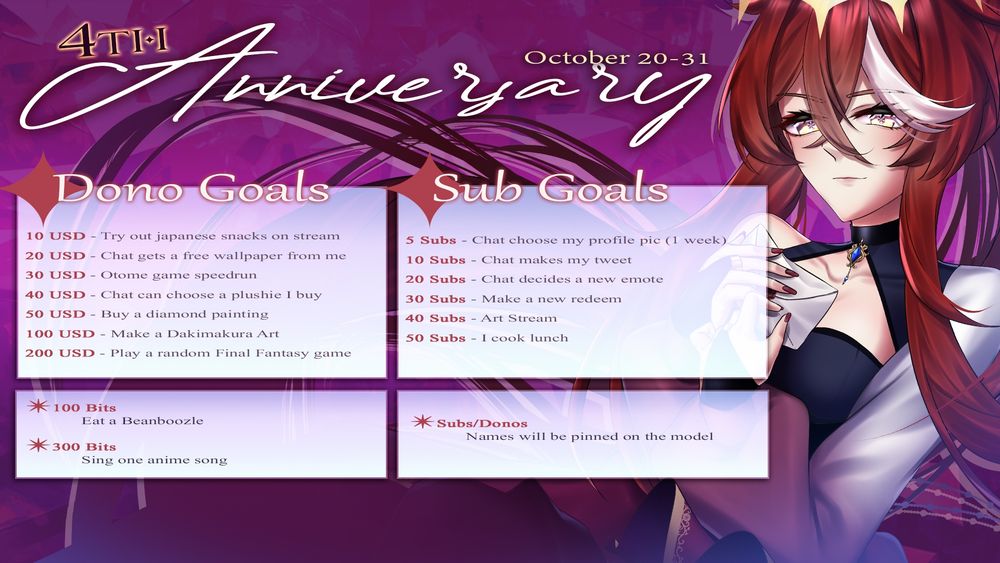 VTuber KaroShin’s 4th Anniversary event poster for October 20–31. The design features a purple and pink background with KaroShin on the right, smiling confidently in a dark sleeveless outfit with red hair and golden eye accents. The poster lists donation and subscription goals: Dono Goals include trying Japanese snacks, releasing a wallpaper, otome game speedrun, buying a plushie, diamond painting, dakimakura art, and playing a random Final Fantasy game. Sub Goals include letting chat choose a profile picture, tweet, new emote, art stream, and cooking lunch. Additional bits goals feature eating a Beanboozle and singing an anime song. Hashtags and notes mention that donors and subscribers’ names will be pinned on the model.