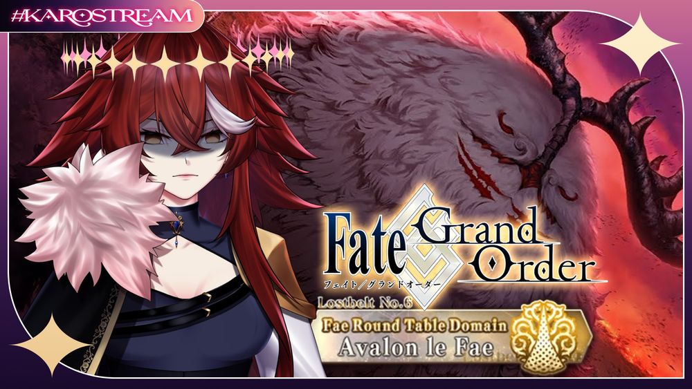 VTuber KaroShin stream thumbnail for Fate/Grand Order — Lostbelt No.6: Fae Round Table Domain, Avalon le Fae. The image features KaroShin on the left with red hair, a confident yet serious expression, and elegant dark attire with a fur accent. Behind her, a large white-furred creature with red eyes and massive antlers looms against a crimson sky, representing a major boss from the Avalon le Fae chapter. The design includes the hashtag #KaroStream at the top and the game title prominently displayed.
