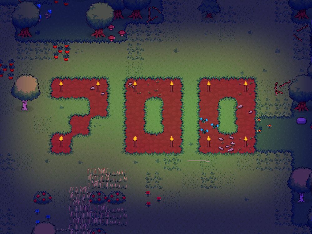 A capture of Greenfeet Haven with the number 700 written on the ground using dirt tiles. It's at night and torches are lighting the scene.