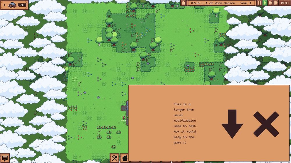 A screenshot of a top down game with a ridiculously large notification taking a quarter of the screen.