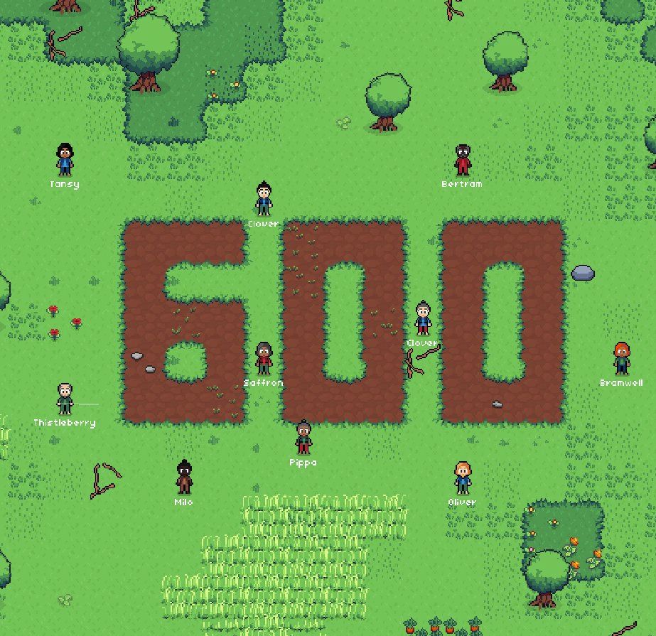 A topdown view of a 2D game showing a prairie with the number 600 written using dirt tiles and villagers all around it.