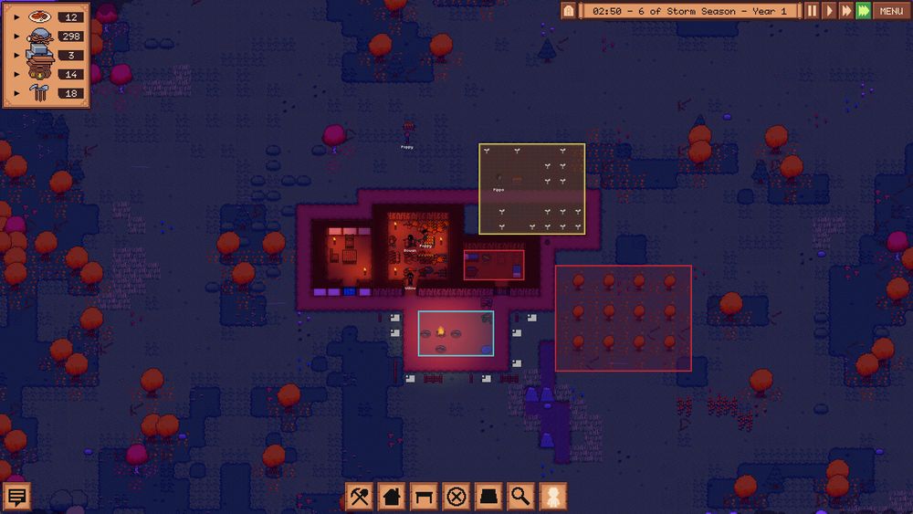 A topdown view at night of a 2D settlement