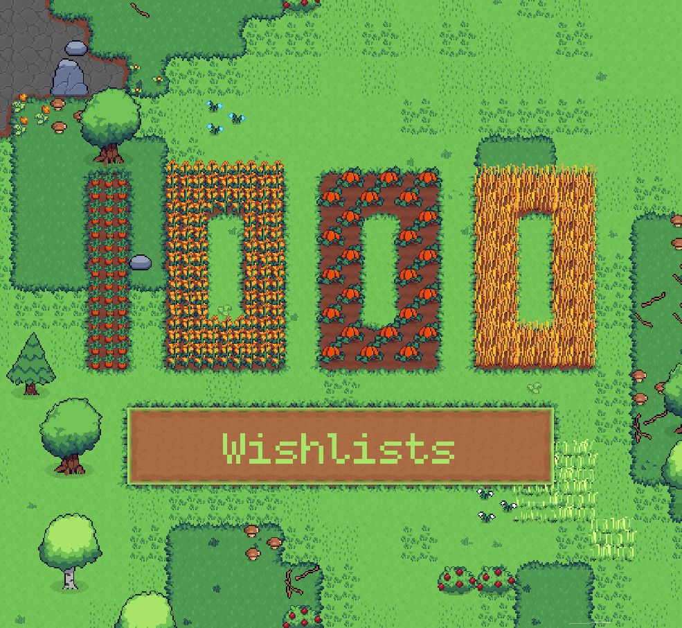 The number one thousand written using fields of carrots, corn, pumpkins and wheat with "Wishlists" written under that. This represents the game passing 1000 wishlists on Steam.