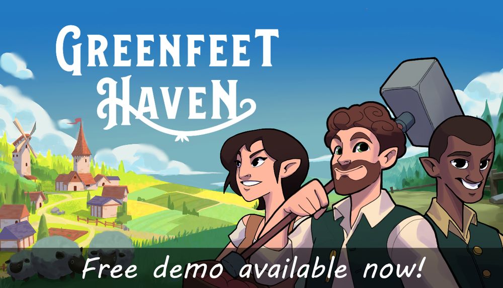 The steam capsule of the Greenfeet Haven Demo showing 3 characters in front of a village.