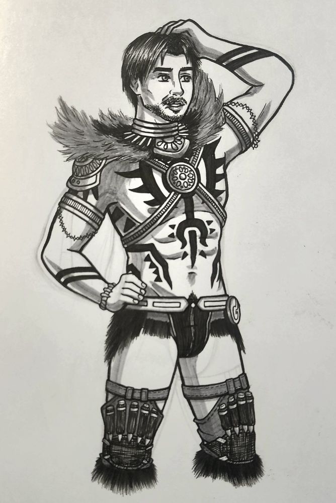 Monster Hunter character from the knee up, flexing in a revealing outfit.