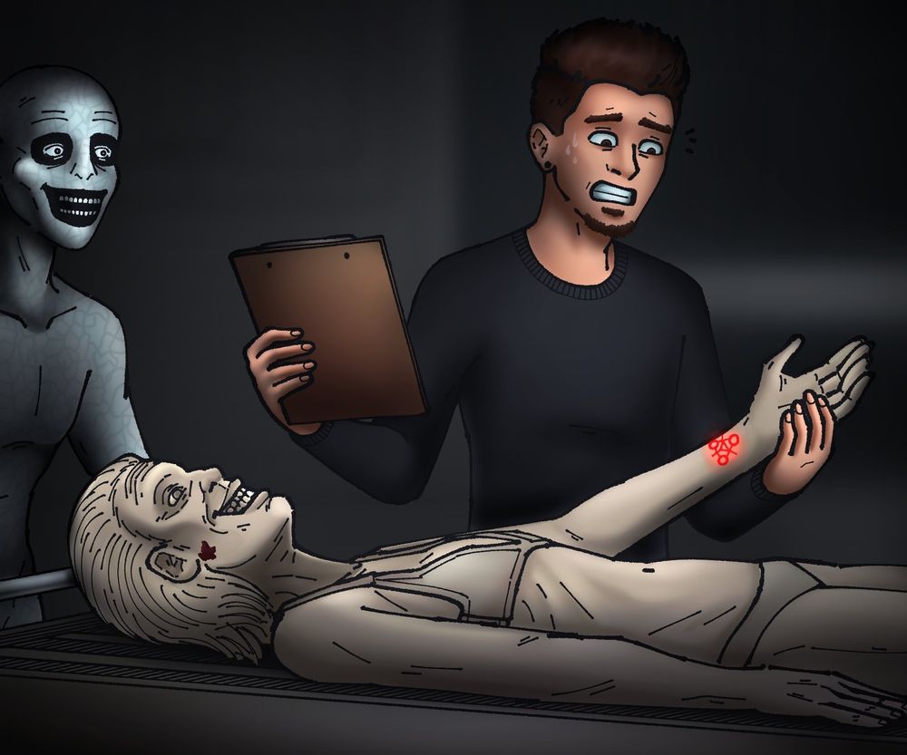 An artwork of a pale white figure with a dark open smile who is on the left side of the scene, unseen by Pope on the right who is scared while looking at a demonic symbol on the wrist of a dead eldery woman. The woman has her eyes open and a wide smile.