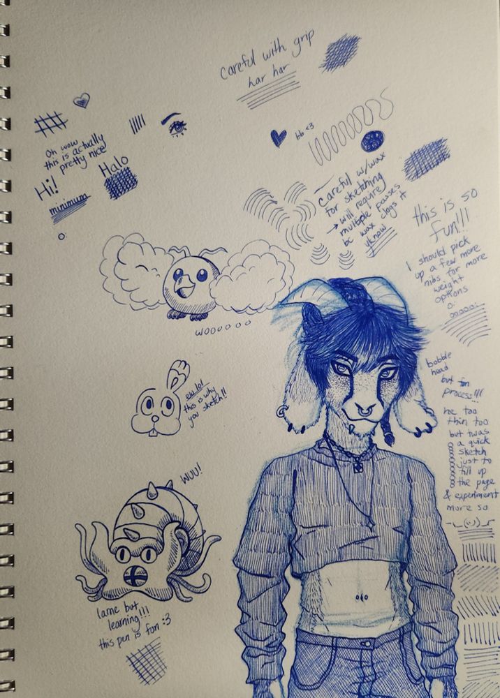 Page full of scribbles done with blue ink. Various pokemon and text is all over the page, along with a waist up artwork of a goat fursona