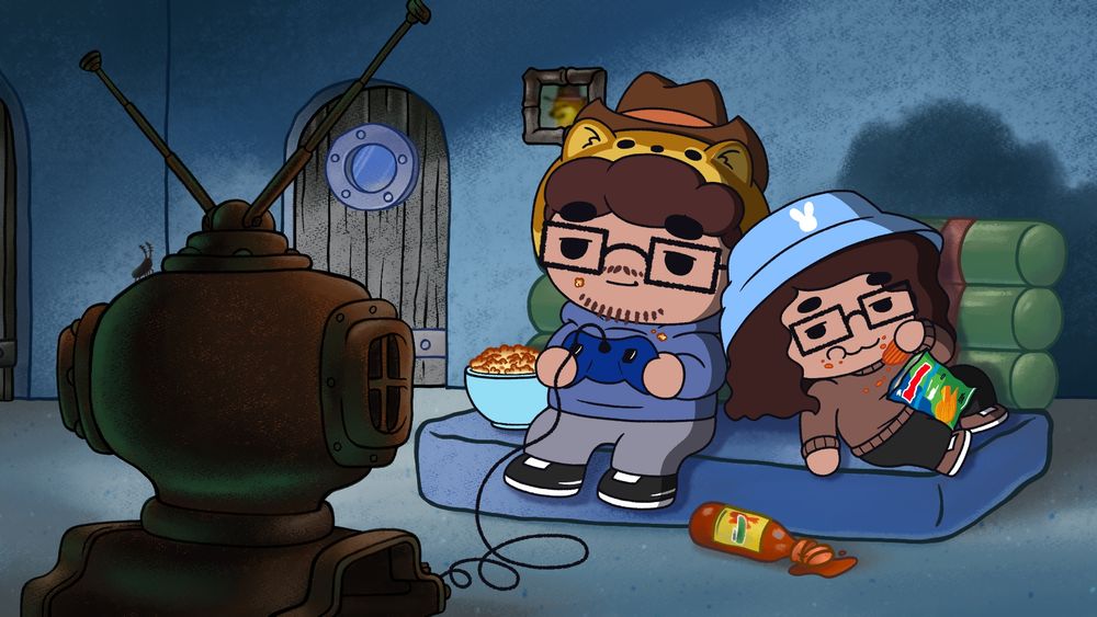 Two cartoony personas eating snacks on the couch at night, while one of them plays a video game. The environment is imitating a still from SpongeBob SquarePants.