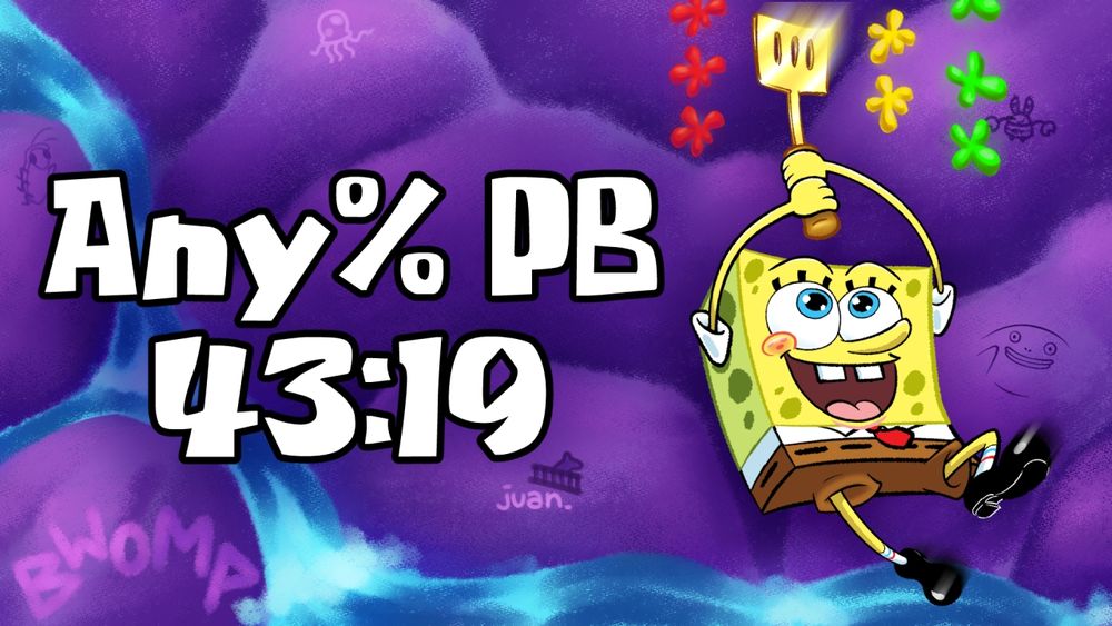 YouTube thumbnail with the text "Any% PB 43:19" next to SpongeBob excitedly falling down a sea of goo while catching a golden spatula.