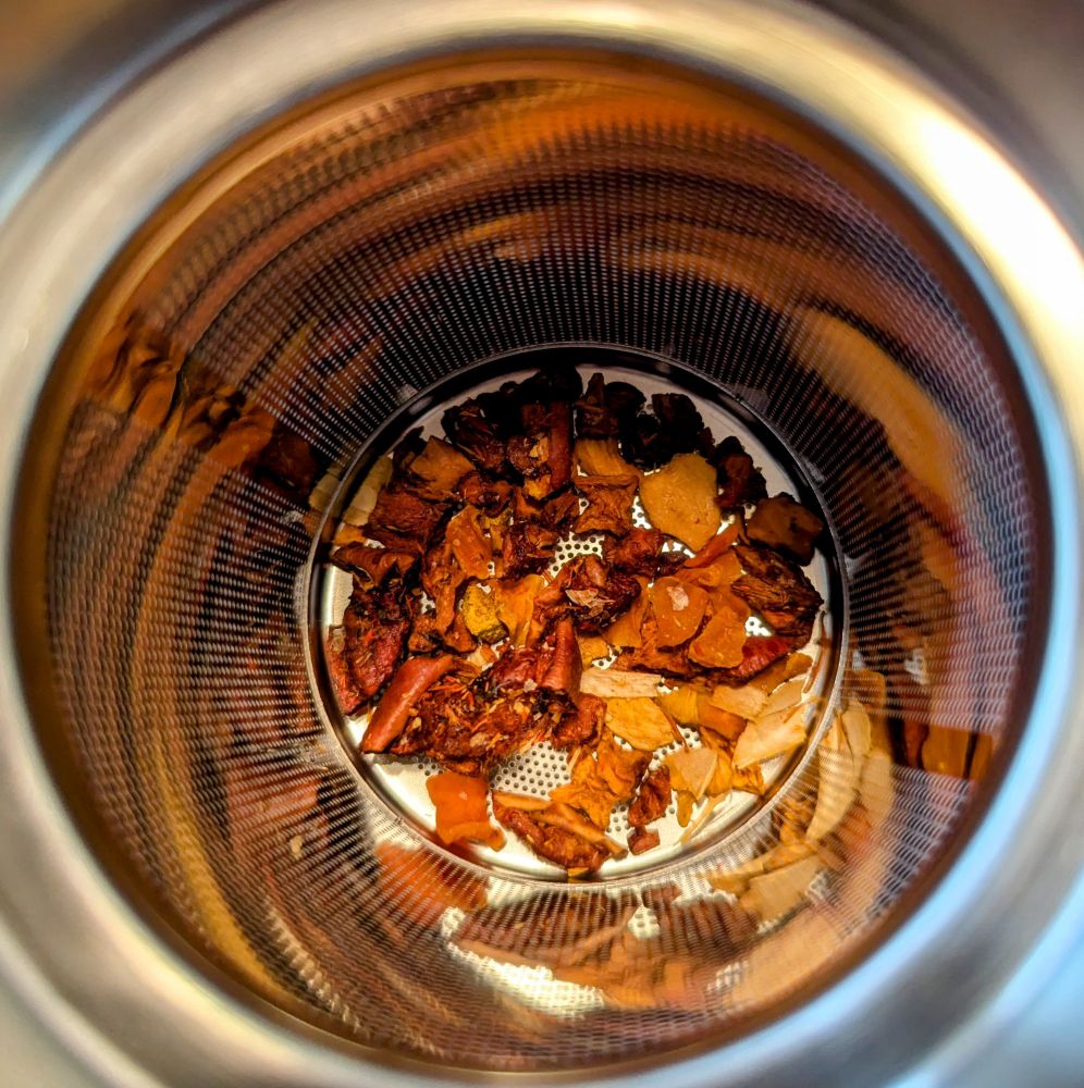 The pumpkin spice chunks in a strainer. I can't photograph the overwhelming odor, lucky you
