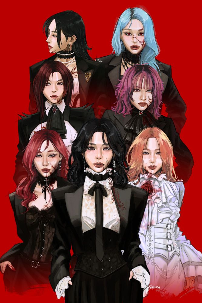drawing of dreamcatcher as vampires in goth clothes and blood dripping