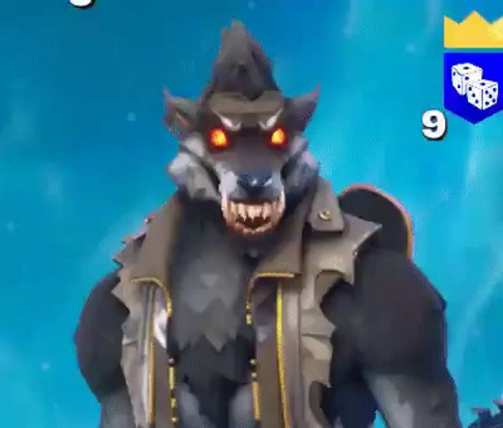 a werewolf with red eyes and a crown on his head