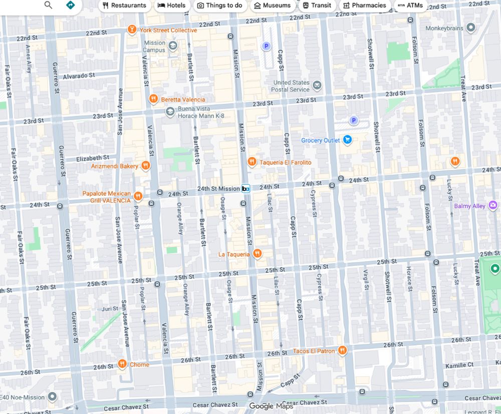 Trace of a rail line visible in Google Maps, running diagonally across an orthogonal street grid. Zooming in closer shows how houses were built around it.