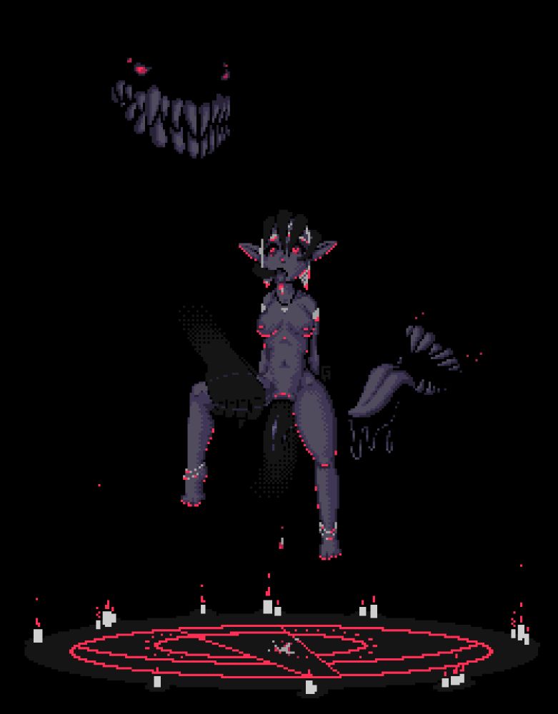 Pixel art of a naked drow priestess being held up over her summoning circle by the clawed hands of an obscured shadow creature clutching her entire head and thigh. Obscured mostly by darkness, save for the hands holding her up, glowing red eyes, sharp teeth in a grin, its too-large cock is thrusting into her. His thumb is hooking her mouth open as she drools a puddle onto the summoning circle, and there are glowing red hearts in her eyes. Another creature waits in the wings with its tongue out dripping with unnatural saliva as red infernal light halos the scene.