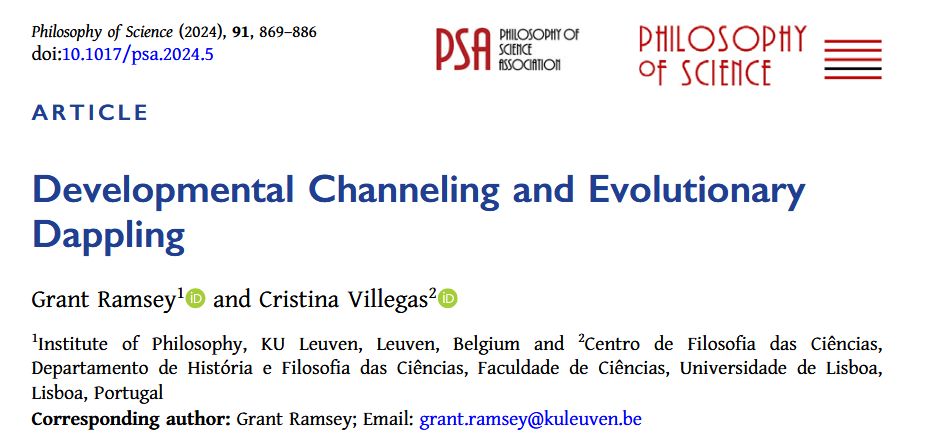 Screenshot of the first page of a journal article titled "Developmental Channeling and Evolutionary Dappling" by Grant Ramsey and Cristina Villegas, published in Philosophy of Science (2024), Volume 91, pages 869–886. The page includes logos of the Philosophy of Science Association and the journal Philosophy of Science.