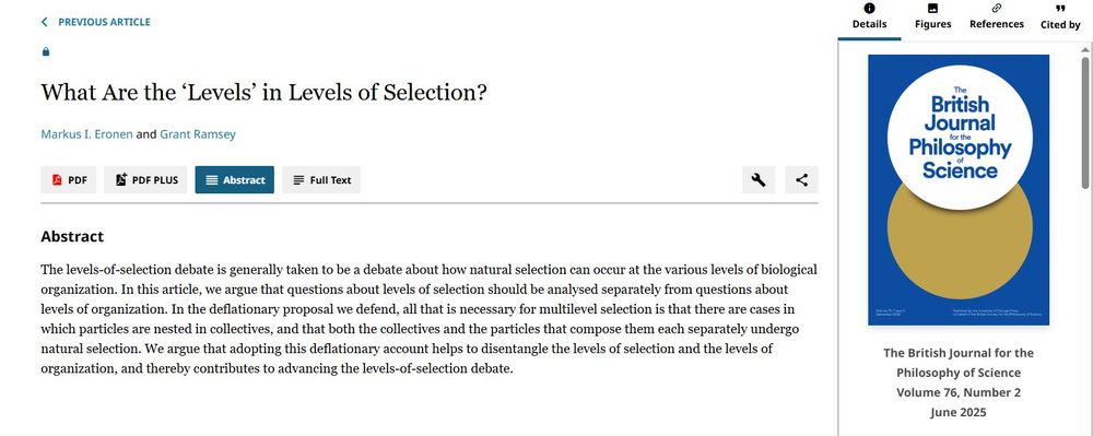Screenshot of the cover of the paper “What are the ‘Levels’ in the Levels of Selection?” by Markus Eronen and Grant Ramsey, just published in The British Journal for the Philosophy of Science (cover shown on the right).