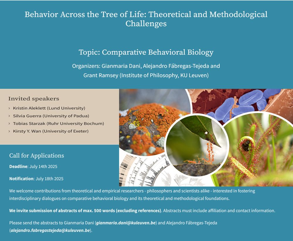 Promotional image for the call for applications for an academic workshop titled “Behavior Across the Tree of Life: Theoretical and Methodological Challenges.” The topic is Comparative Behavioral Biology, organized by Gianmaria Dani, Alejandro Fábregas-Tejeda, and Grant Ramsey (Institute of Philosophy, KU Leuven). Invited speakers include Kristin Aleklett (Lund University), Silvia Guerra (University of Padua), Tobias Starzak (Ruhr University Bochum), and Kirsty Y. Wan (University of Exeter). The call for applications lists a submission deadline of July 14th, 2025, and a notification date of July 18th, 2025. Abstracts of max. 500 words (excluding references) are invited from philosophers and scientists. Contact emails for submissions are provided. The poster features circular images of fungi, microbes, a phylogenetic tree, ants on a leaf, and a carnivorous plant.