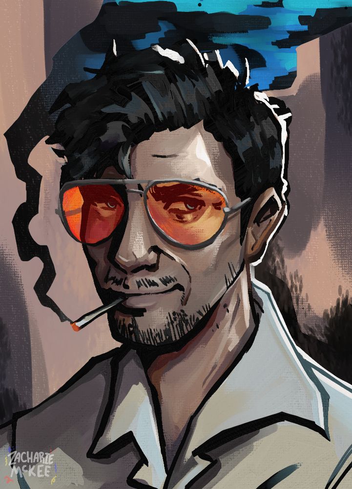 A man in orange sunglasses smoking a cigarette, an homage to the Disco Elysium style.