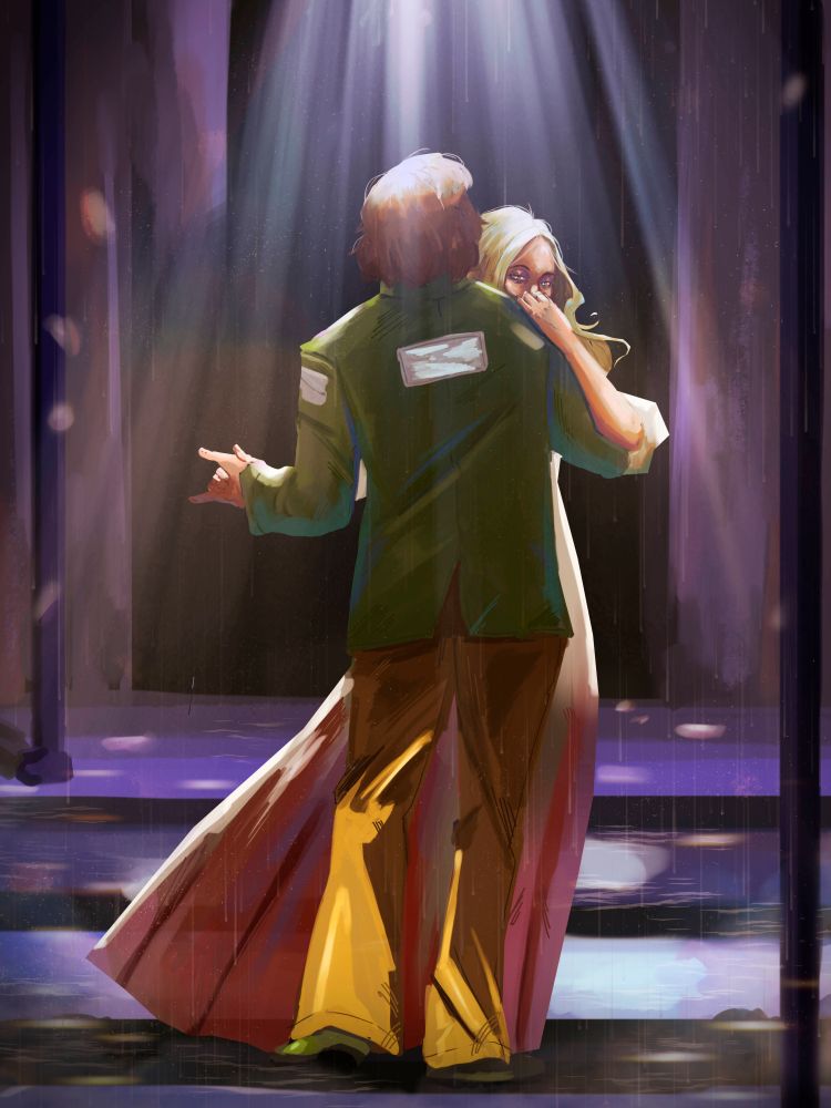 Harry Du Bois dancing with a blonde woman in a dress under a streetlamp. 
