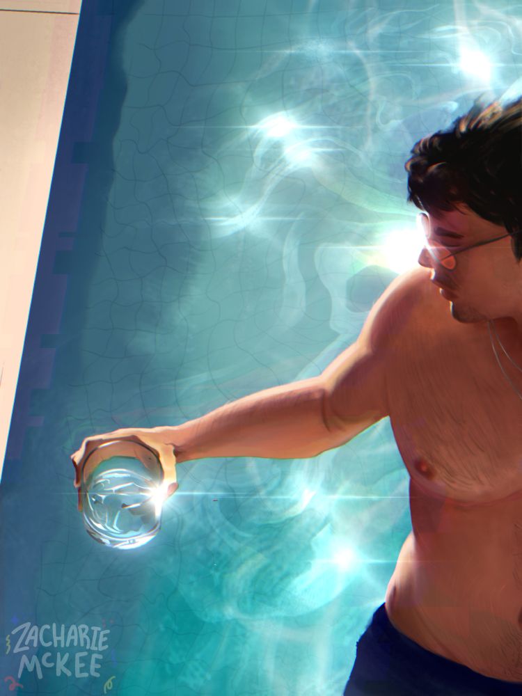 Man holding a whiskey glass in a pool. 