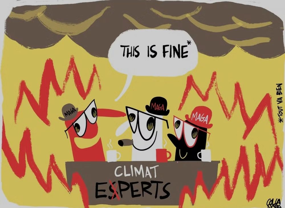 A satirical cartoon shows three cartoonish characters wearing "MAGA" hats and sitting at a table labeled "CLIMAT EXPERTS," with the word "EXPERTS" humorously corrected by crossing out the "E" and replacing it with an "X." They are surrounded by raging red flames and dark smoke. One of them, smiling and calm, says "THIS IS FINE*"—a reference to denial or ignorance in crisis. On the right, small text reads "*TOUT VA BIEN" (French for "Everything is fine"). The cartoon mocks climate change denial, especially among MAGA supporters.
