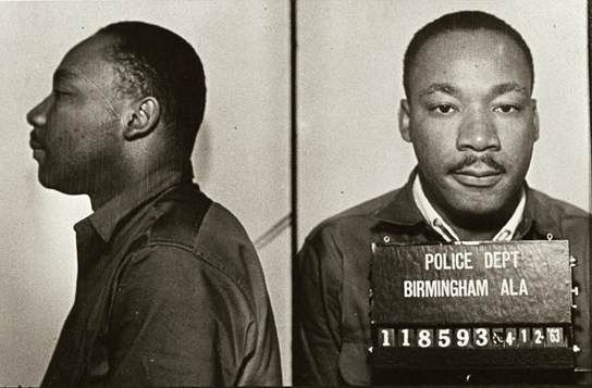 Mugshot of Dr. Martin Luther King Jr. taken by the Birmingham, Alabama police on April 12, 1963, showing front and side profile. He was arrested for leading a nonviolent protest against segregation, an event that led to his famous "Letter from Birmingham Jail."
