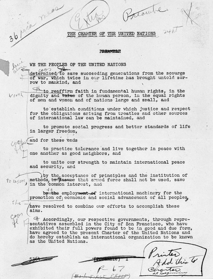 Black and white image of the original 1945 draft of the United Nations Charter preamble. The typewritten text begins with "WE THE PEOPLES OF THE UNITED NATIONS" and outlines commitments to peace, human rights, equality, and international cooperation. Handwritten annotations and corrections are visible throughout the page, showing edits to wording and structure. At the bottom, there are editorial notes and markings, including the words “Printer” and “Add this to Charter.”