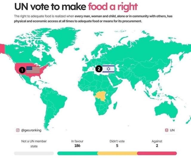 The image is a world map highlighting the results of a United Nations vote to make food a right. The title at the top reads, "UN vote to make food a right," with "food a right" in bold pink text. Below the title, a description states: "The right to adequate food is realized when every man, woman and child, alone or in community with others, has physical and economic access at all times to adequate food or means for its procurement."

Countries are color-coded based on their vote:

Most of the world map is shaded green, representing the 186 countries that voted "In favour."

The United States and Israel are shaded in pink, indicating they voted "Against." Each is marked with a number (1 for the US, 2 for Israel) and their respective flags.

Five countries are shaded yellow, indicating they "Didn't vote."

A small legend at the bottom explains the color coding: green for "In favour," yellow for "Didn't vote," and pink for "Against."

The map also notes that some areas are "Not a UN member state" in grey.

At the bottom left, the Instagram handle @geo.ranking is visible. The overall design uses a clean, modern style with clear contrasts between the different voting categories.