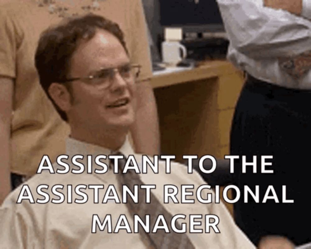 a man with glasses is smiling with the words assistant to the assistant regional manager written below him