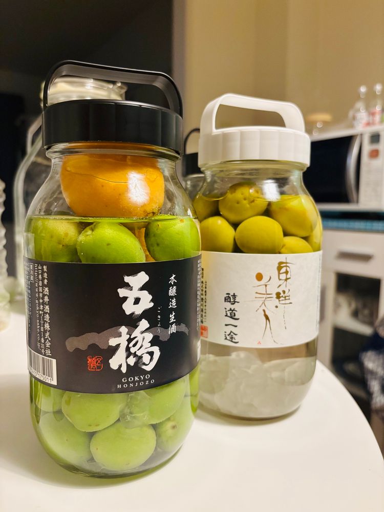今年は地酒「五橋」と「東洋美人」で漬け込みます。五橋の瓶には、枇杷も入れました。どんな味になるかな？？