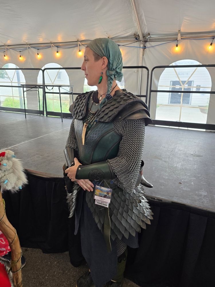 Alexis's stunning cosplay with handmade grechain mail scaled armor over chainmail.