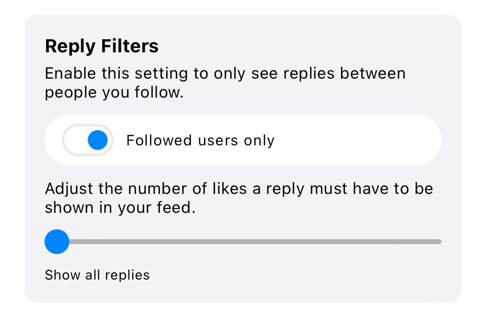 screenshot of “reply filters” section under “home feed preferences” settings with “followed users only” filter turned on