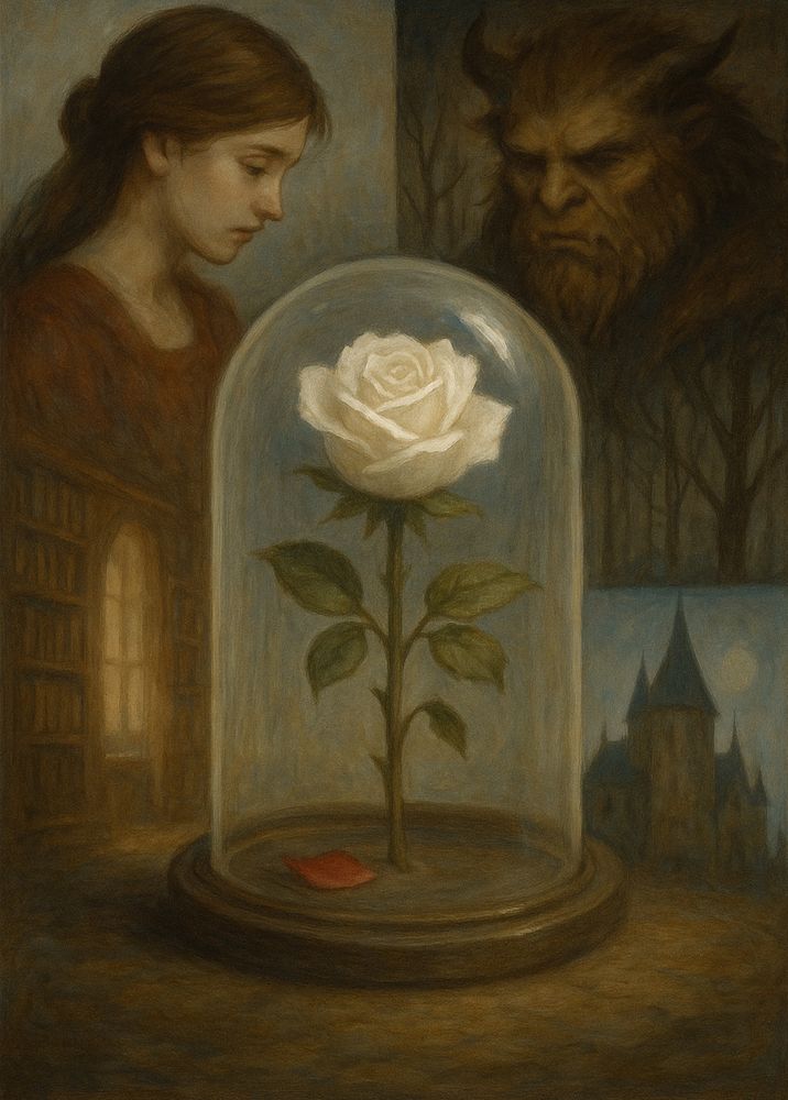 From The Light Keeper and the Bound Flame

The castle never warned him when it would happen.
It just let go.

He found the petal later — or rather, noticed its absence.
That faint tug in the air.
That shift in pressure, like a door had closed in another room.
One more second lost. One more breath closer to the end.

Lily found it before he did.

She was walking the stairs with that same careful curiosity that always unnerved him.
Not fear. Not defiance.
She wasn’t hunting secrets.
She was simply… interested in the shape of the place.

Her hand slid along the banister like she was reading the stone,
and when she reached the third step, she paused.

A single petal lay there.
Still red.
Still warm.

She bent, picked it up with both hands — gently, like it might speak —
and turned it over in her fingers.

The Beast watched from the hall.
He didn’t mean to hide.
He just didn’t know how to stand there without scowling.

He wore the scowl like armor carved from thorn.
She wore beauty like guilt she could not name.

When she saw him, she didn’t flinch.
She didn’t speak.
She crossed the stone floor, slow and deliberate,
and held the petal out to him like it still belonged to something.

He stared at it.
At her.
At her hands.
She had small hands.

“It fell,” she said.

Her voice wasn’t soft.
It was even.
Like the word had been placed carefully between them.

“But it’s still part of the rose.”

He didn’t answer.
The scowl deepened.
He wasn’t angry — not at her. Not even at the rose.

Just tired.
Tired of watching things fall and pretending it didn’t matter.

But she didn’t pull back.
She just held the petal there. Waiting. Still.

He reached for it.
Carefully. Slowly.
As if it might burn. Or vanish.

Their fingers brushed.
And in that moment, he realized she wasn’t giving him the petal.

She was giving him a choice.

He took it.
And for the first time since the curse began,
the Beast felt the weight shift.

Not lifted.
But shared.

